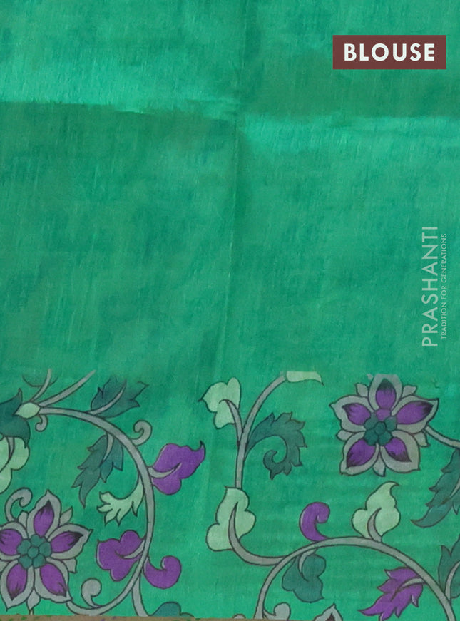 Semi tussar saree beige and green with allover kalamkari prints and katha stitch work pallu & border