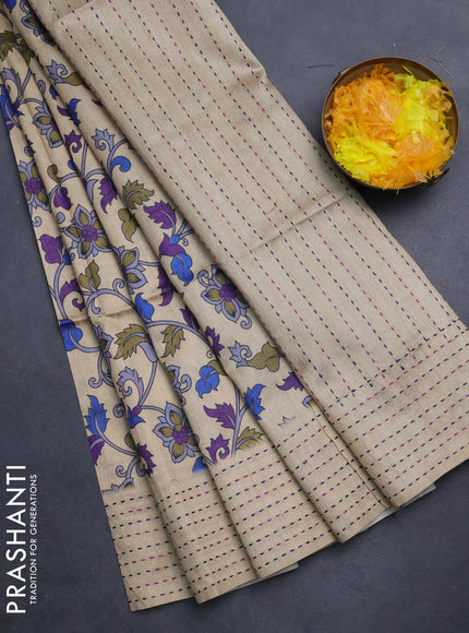Semi tussar saree beige and blue with allover kalamkari prints and katha stitch work pallu & border