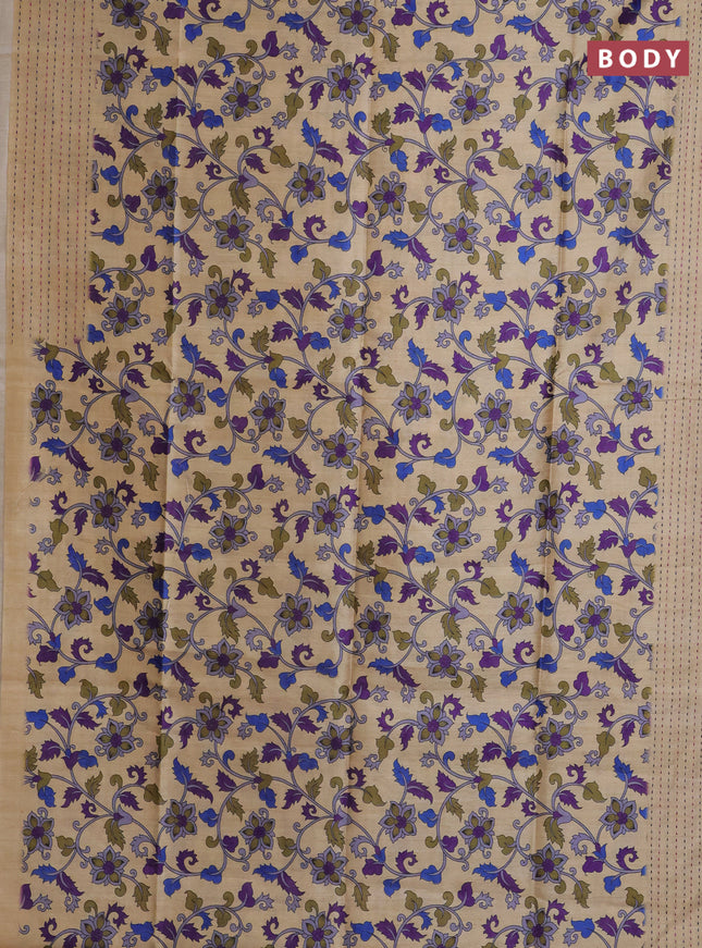 Semi tussar saree beige and blue with allover kalamkari prints and katha stitch work pallu & border