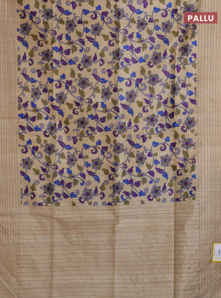 Semi tussar saree beige and blue with allover kalamkari prints and katha stitch work pallu & border