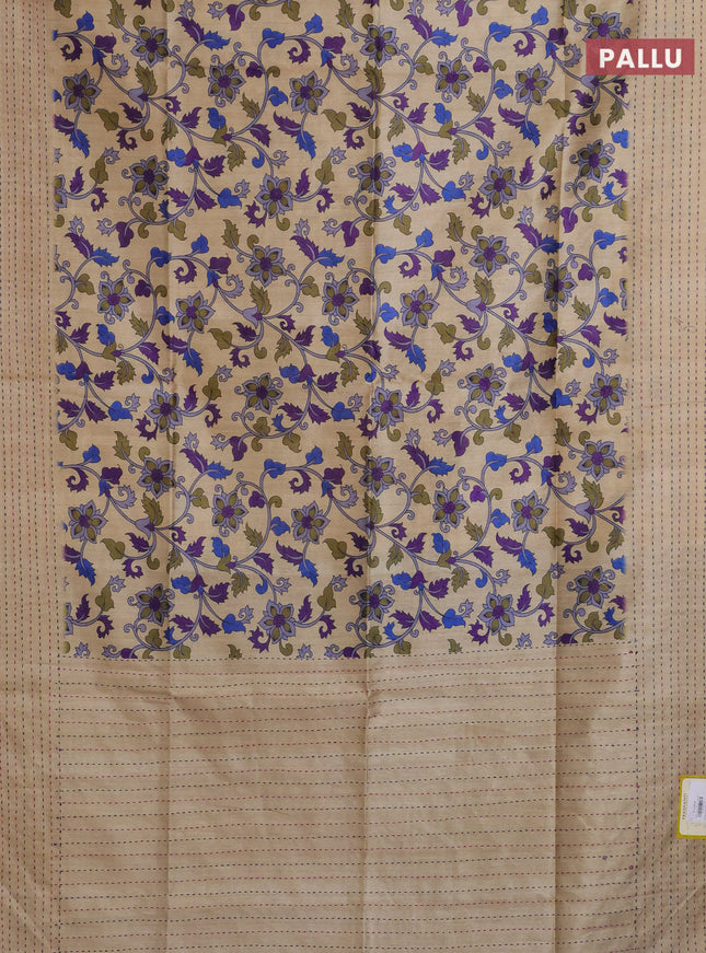Semi tussar saree beige and blue with allover kalamkari prints and katha stitch work pallu & border