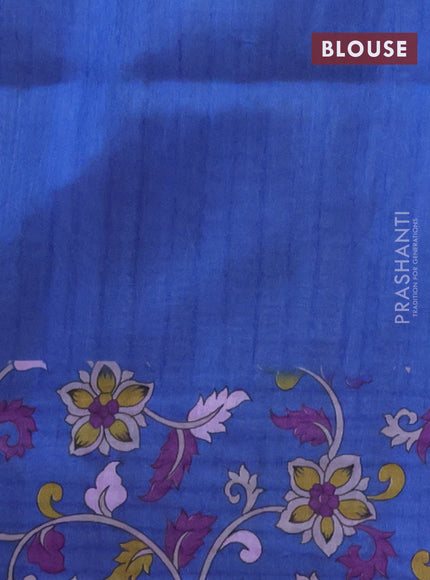 Semi tussar saree beige and blue with allover kalamkari prints and katha stitch work pallu & border