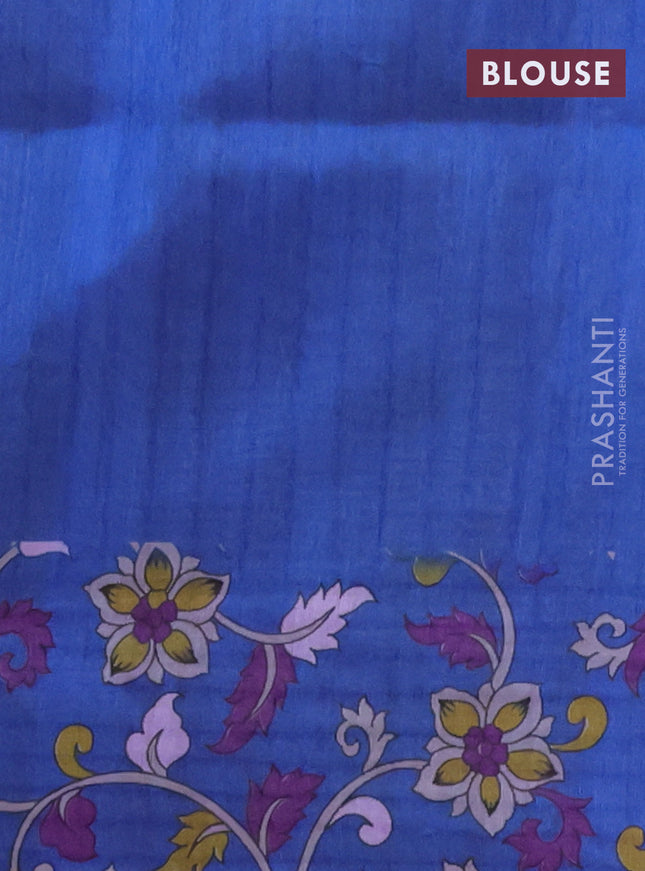 Semi tussar saree beige and blue with allover kalamkari prints and katha stitch work pallu & border