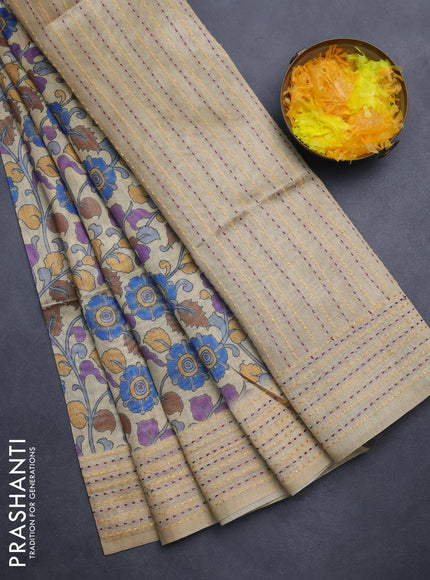 Semi tussar saree beige and brown with allover kalamkari prints and katha stitch work pallu & border