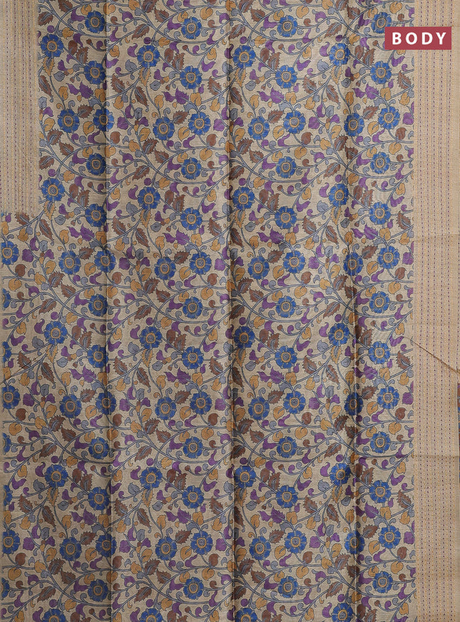 Semi tussar saree beige and brown with allover kalamkari prints and katha stitch work pallu & border