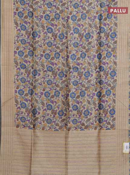 Semi tussar saree beige and brown with allover kalamkari prints and katha stitch work pallu & border