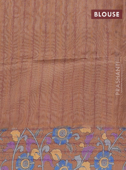 Semi tussar saree beige and brown with allover kalamkari prints and katha stitch work pallu & border