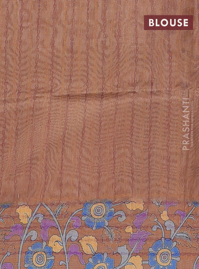 Semi tussar saree beige and brown with allover kalamkari prints and katha stitch work pallu & border