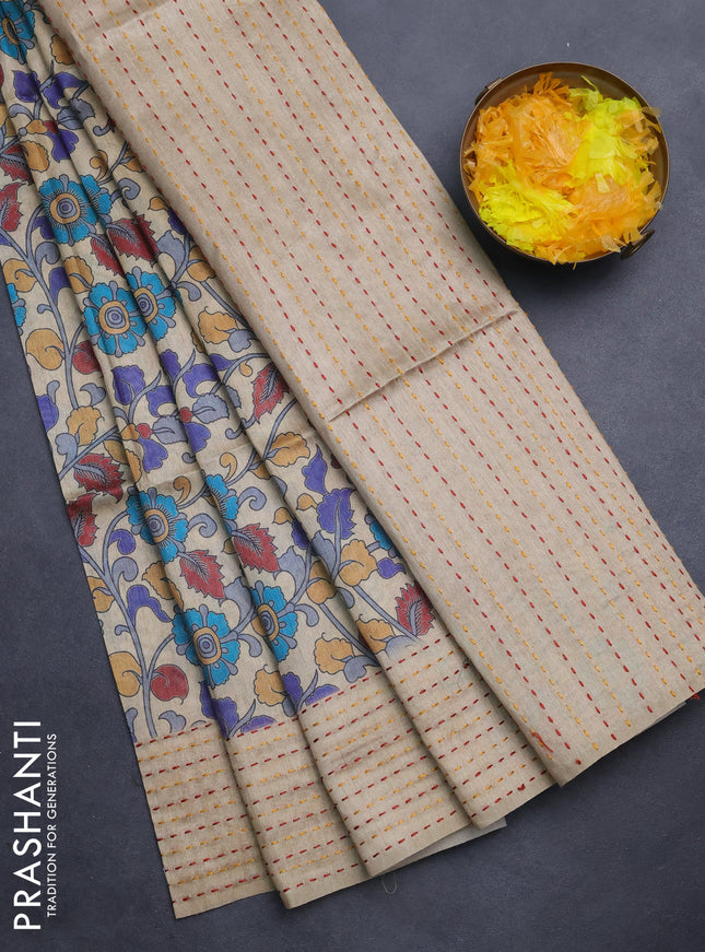 Semi tussar saree beige and maroon with allover kalamkari prints and katha stitch work pallu & border