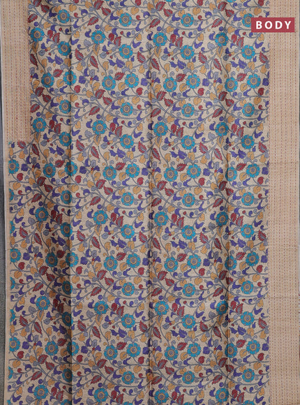 Semi tussar saree beige and maroon with allover kalamkari prints and katha stitch work pallu & border