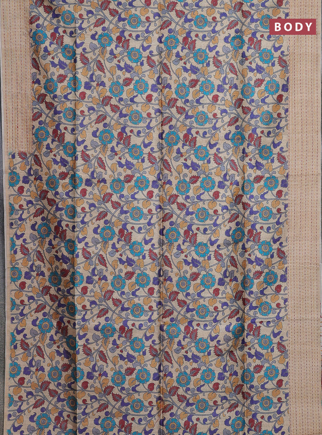 Semi tussar saree beige and maroon with allover kalamkari prints and katha stitch work pallu & border