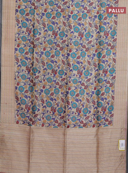 Semi tussar saree beige and maroon with allover kalamkari prints and katha stitch work pallu & border