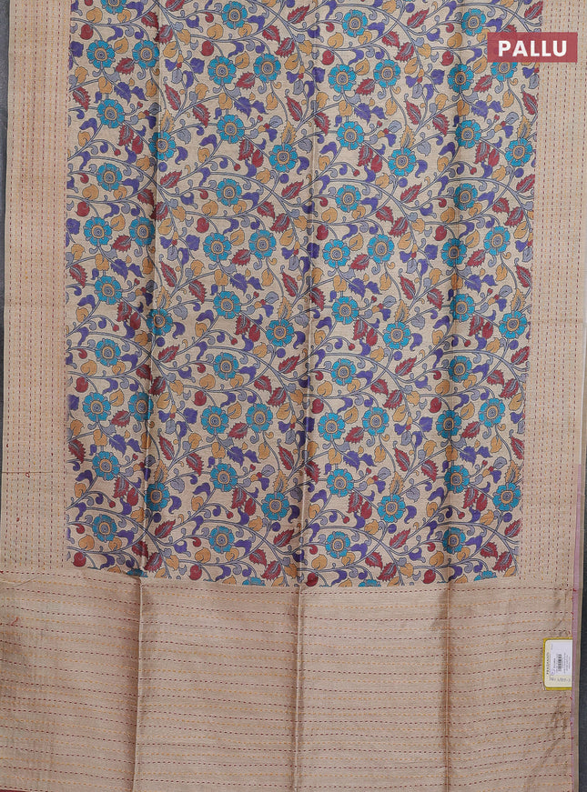 Semi tussar saree beige and maroon with allover kalamkari prints and katha stitch work pallu & border