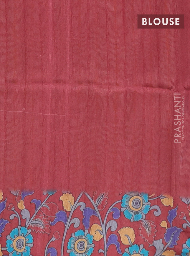 Semi tussar saree beige and maroon with allover kalamkari prints and katha stitch work pallu & border