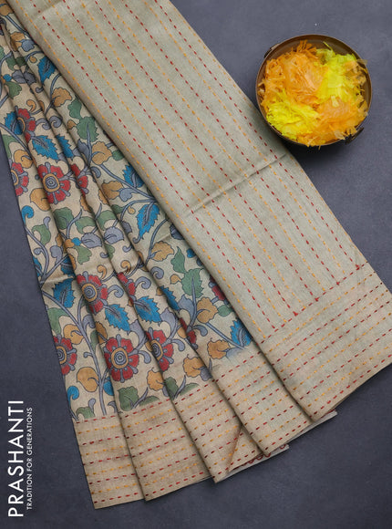 Semi tussar saree beige and teal blue with allover kalamkari prints and katha stitch work pallu & border