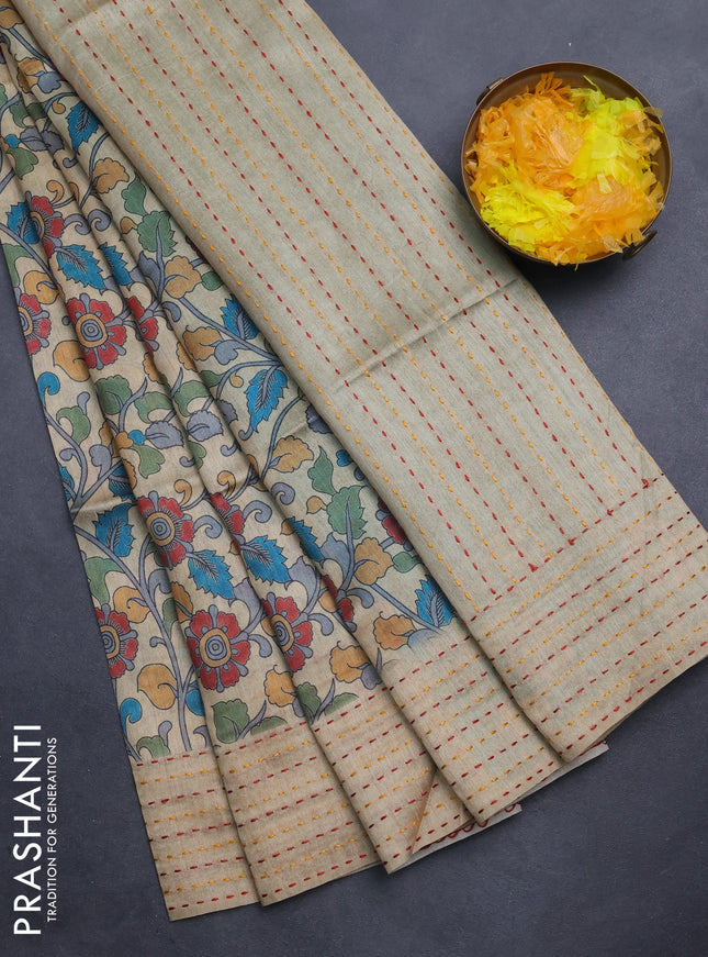 Semi tussar saree beige and teal blue with allover kalamkari prints and katha stitch work pallu & border