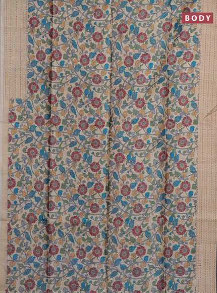 Semi tussar saree beige and teal blue with allover kalamkari prints and katha stitch work pallu & border