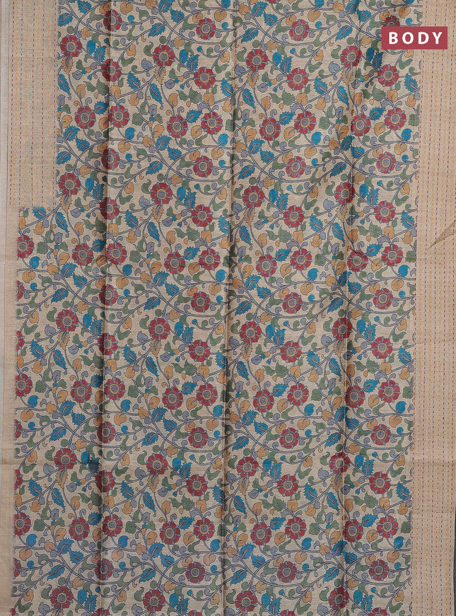 Semi tussar saree beige and teal blue with allover kalamkari prints and katha stitch work pallu & border