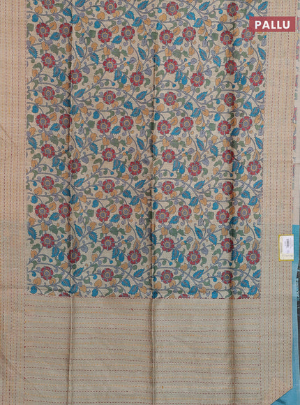 Semi tussar saree beige and teal blue with allover kalamkari prints and katha stitch work pallu & border