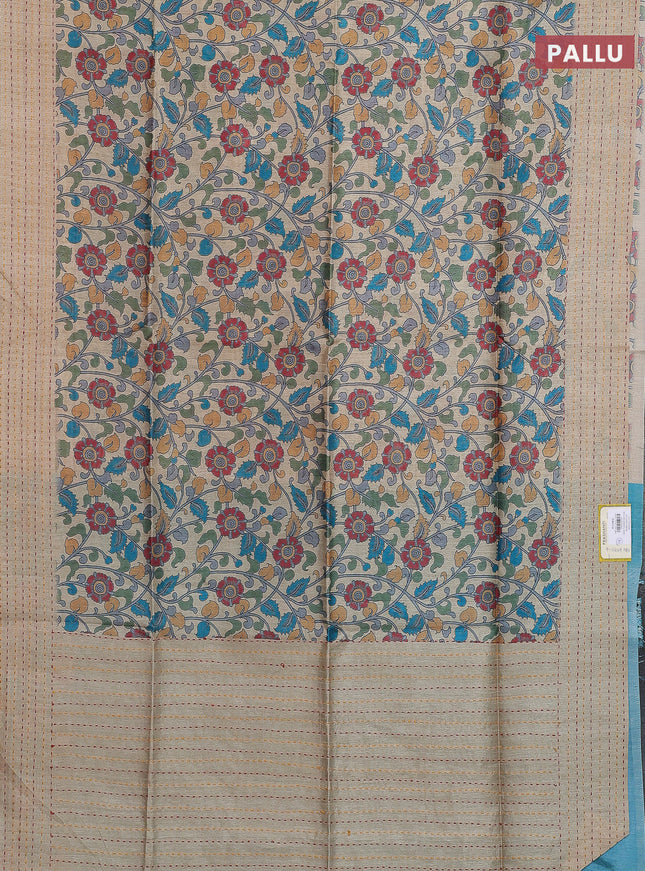 Semi tussar saree beige and teal blue with allover kalamkari prints and katha stitch work pallu & border