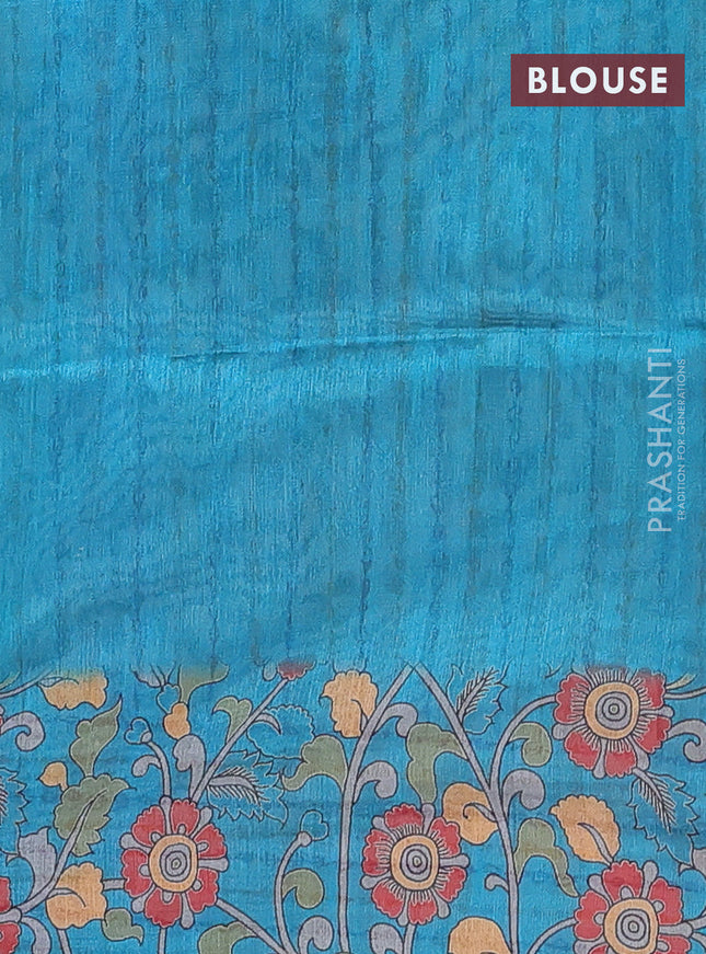 Semi tussar saree beige and teal blue with allover kalamkari prints and katha stitch work pallu & border