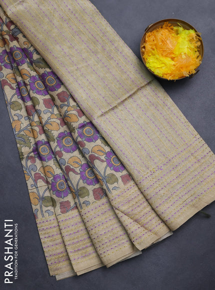 Semi tussar saree beige and mehendi green with allover kalamkari prints and katha stitch work pallu & border