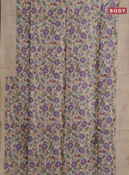 Semi tussar saree beige and mehendi green with allover kalamkari prints and katha stitch work pallu & border