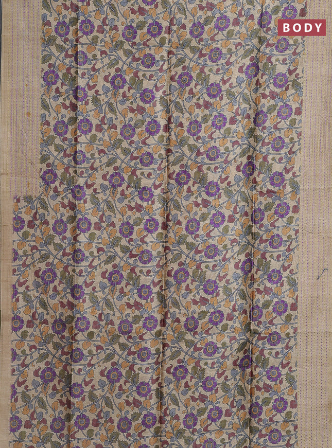 Semi tussar saree beige and mehendi green with allover kalamkari prints and katha stitch work pallu & border