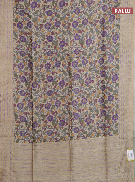 Semi tussar saree beige and mehendi green with allover kalamkari prints and katha stitch work pallu & border