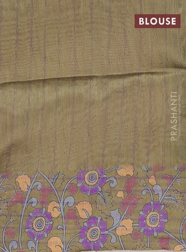 Semi tussar saree beige and mehendi green with allover kalamkari prints and katha stitch work pallu & border