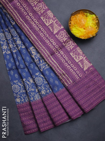 Semi tussar saree blue and purple with allover batik prints and katha stitch work pallu & border