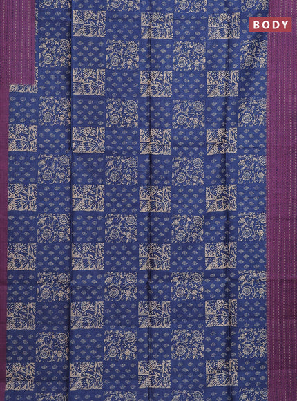 Semi tussar saree blue and purple with allover batik prints and katha stitch work pallu & border