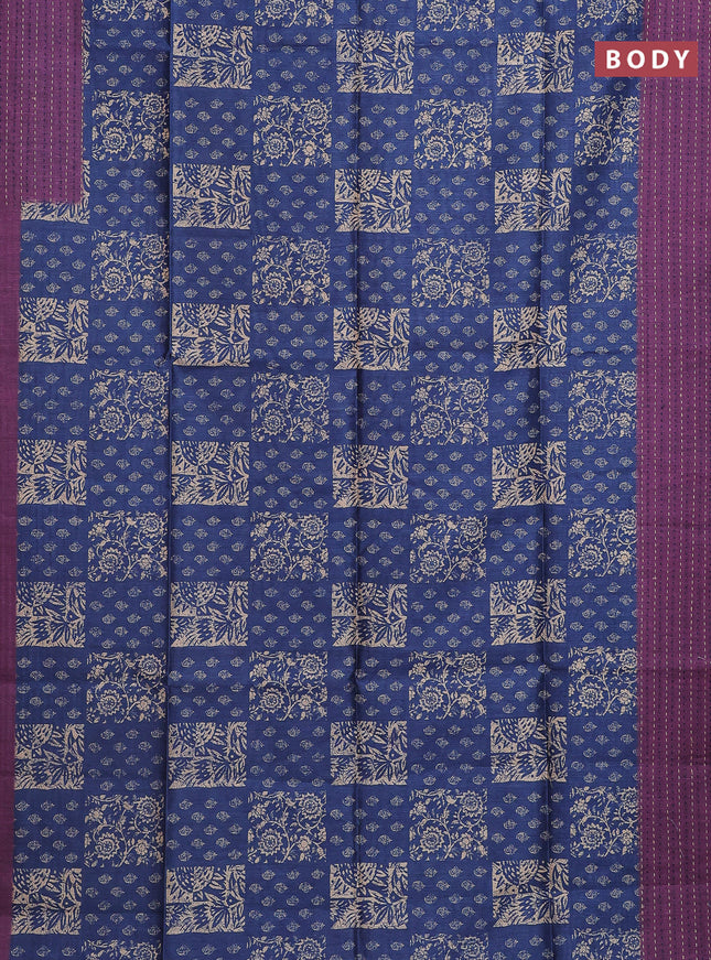Semi tussar saree blue and purple with allover batik prints and katha stitch work pallu & border