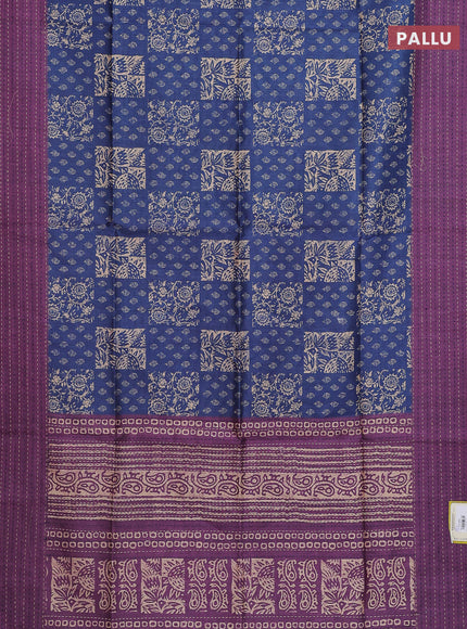 Semi tussar saree blue and purple with allover batik prints and katha stitch work pallu & border