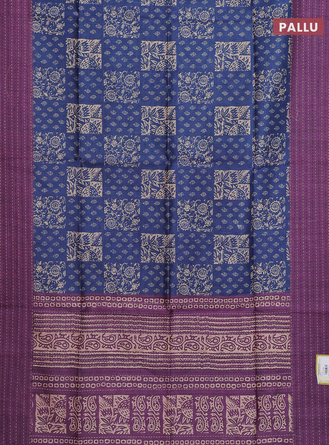 Semi tussar saree blue and purple with allover batik prints and katha stitch work pallu & border