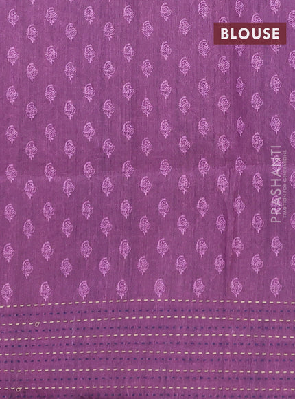 Semi tussar saree blue and purple with allover batik prints and katha stitch work pallu & border