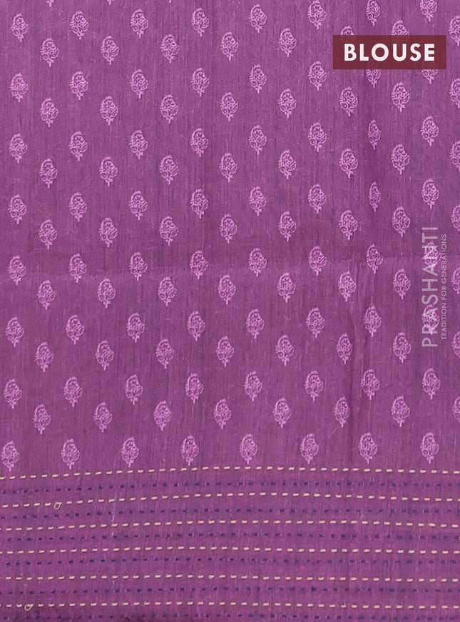 Semi tussar saree blue and purple with allover batik prints and katha stitch work pallu & border