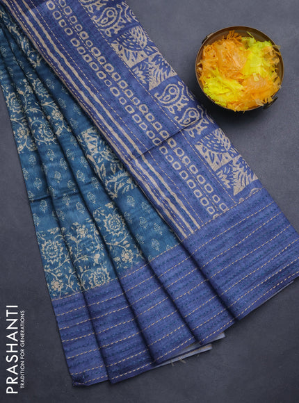 Semi tussar saree peacock blue and blue with allover batik prints and katha stitch work pallu & border
