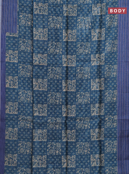 Semi tussar saree peacock blue and blue with allover batik prints and katha stitch work pallu & border