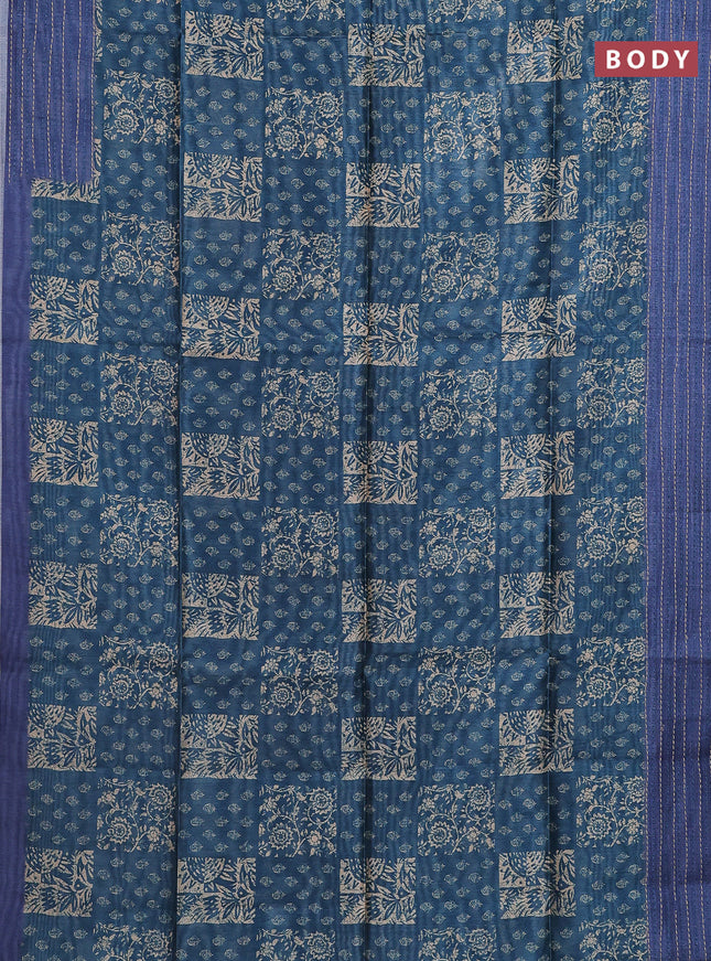 Semi tussar saree peacock blue and blue with allover batik prints and katha stitch work pallu & border