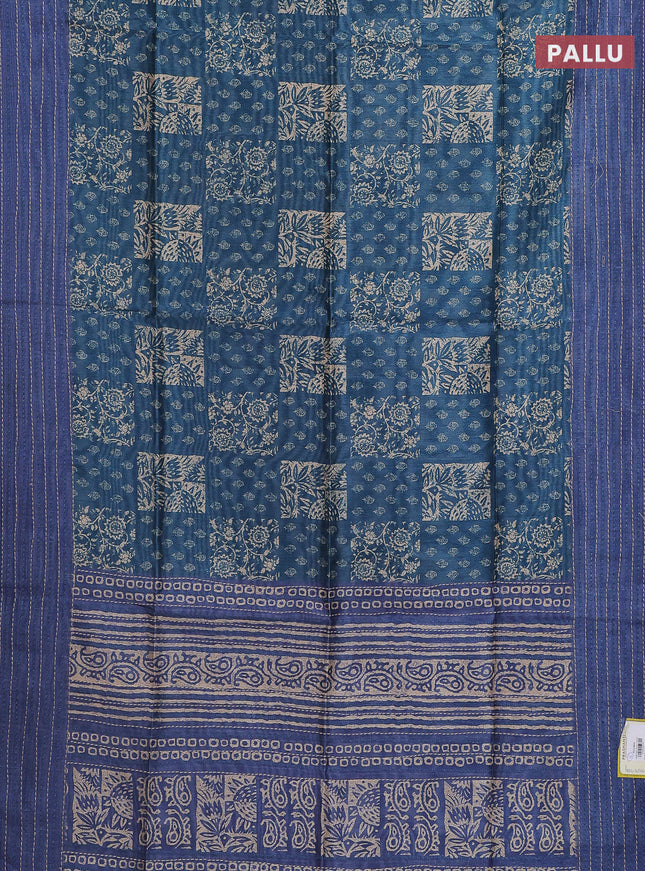 Semi tussar saree peacock blue and blue with allover batik prints and katha stitch work pallu & border