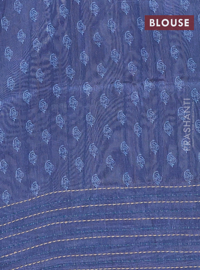 Semi tussar saree peacock blue and blue with allover batik prints and katha stitch work pallu & border