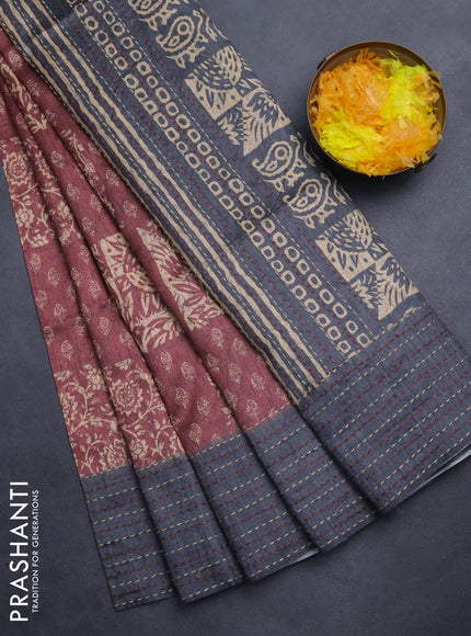 Semi tussar saree green and greyish brown with allover batik prints and katha stitch work pallu & border