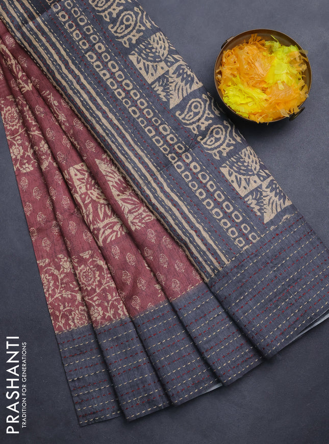 Semi tussar saree green and greyish brown with allover batik prints and katha stitch work pallu & border