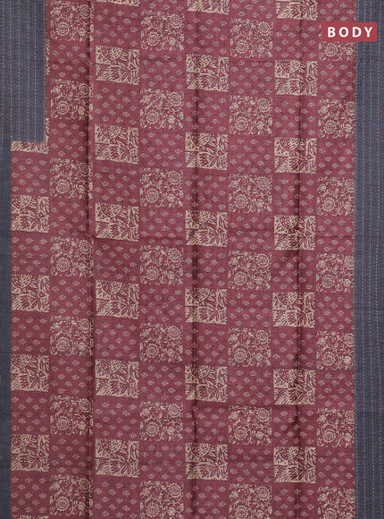 Semi tussar saree green and greyish brown with allover batik prints and katha stitch work pallu & border