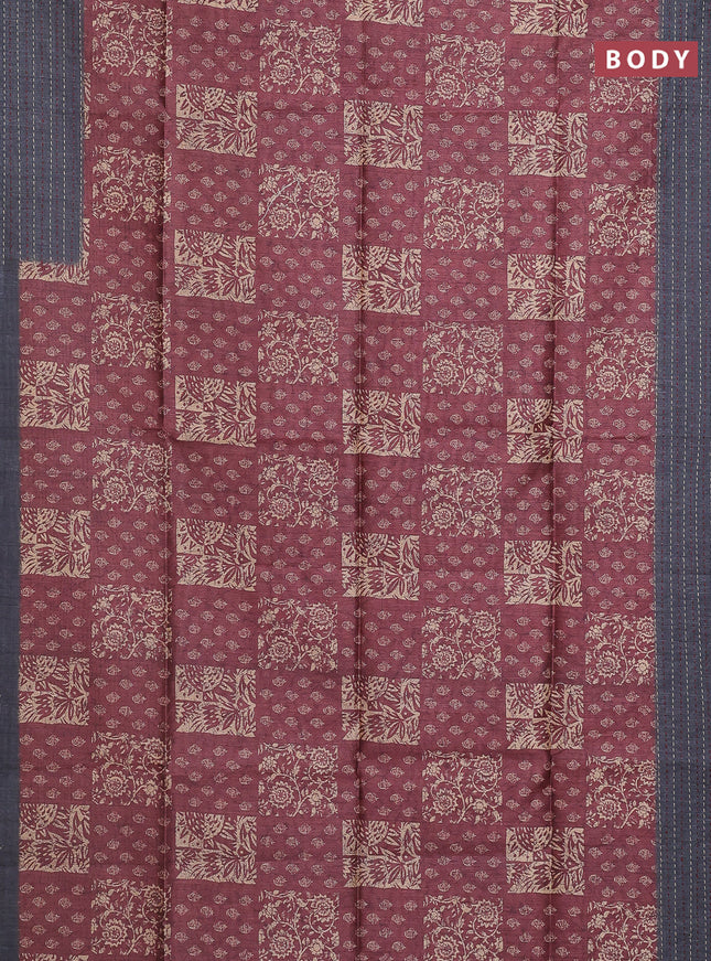 Semi tussar saree green and greyish brown with allover batik prints and katha stitch work pallu & border