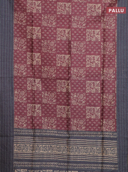 Semi tussar saree green and greyish brown with allover batik prints and katha stitch work pallu & border