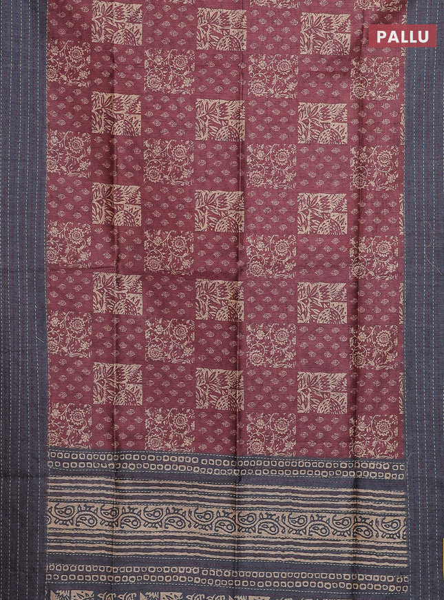 Semi tussar saree green and greyish brown with allover batik prints and katha stitch work pallu & border