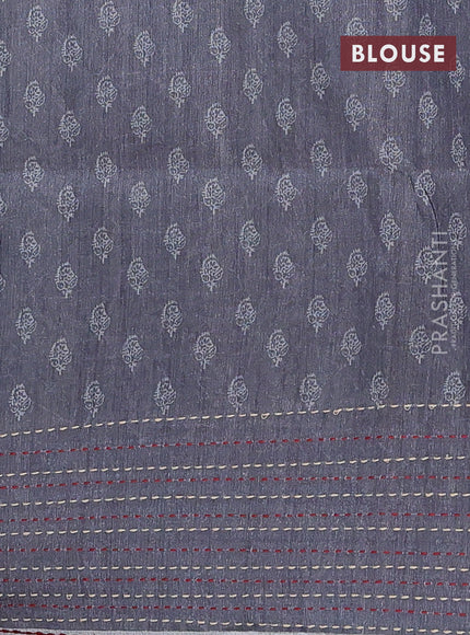 Semi tussar saree green and greyish brown with allover batik prints and katha stitch work pallu & border