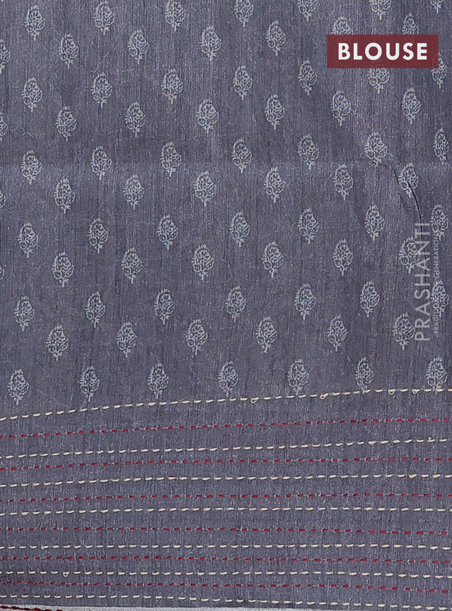 Semi tussar saree green and greyish brown with allover batik prints and katha stitch work pallu & border